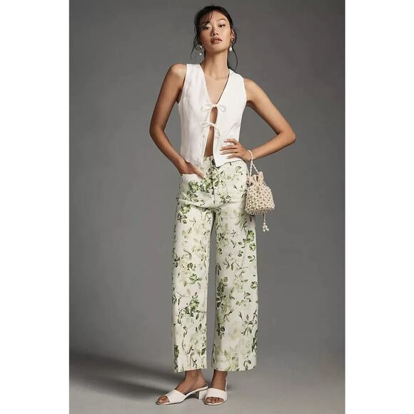 NWT Maeve The Colette Cropped Wide-Leg Linen Pants Size Plus 26W Green #7F401 - Picture 1 of 10